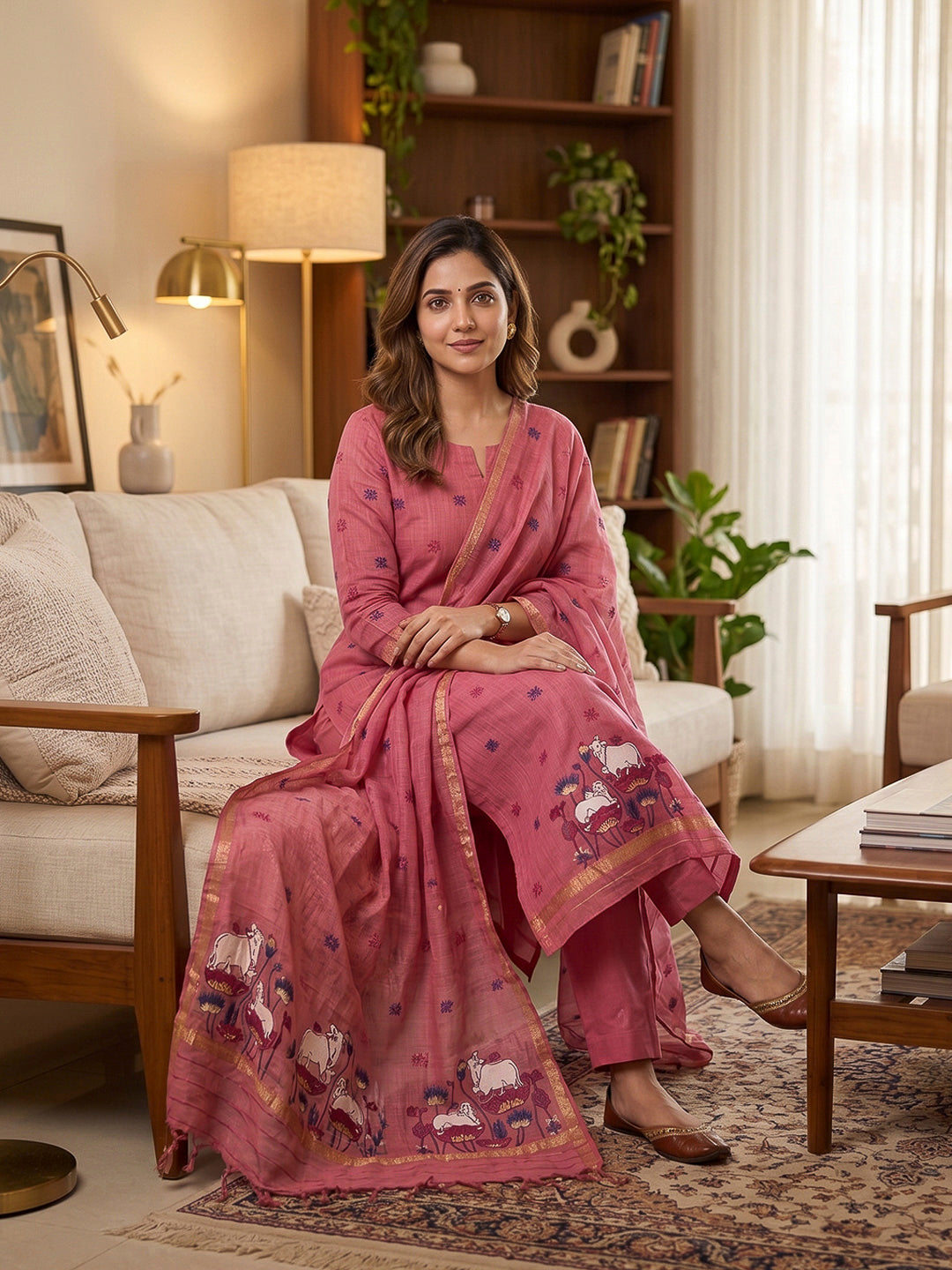 Pink Muga Cotton Woven Design Unstitched Dress Material