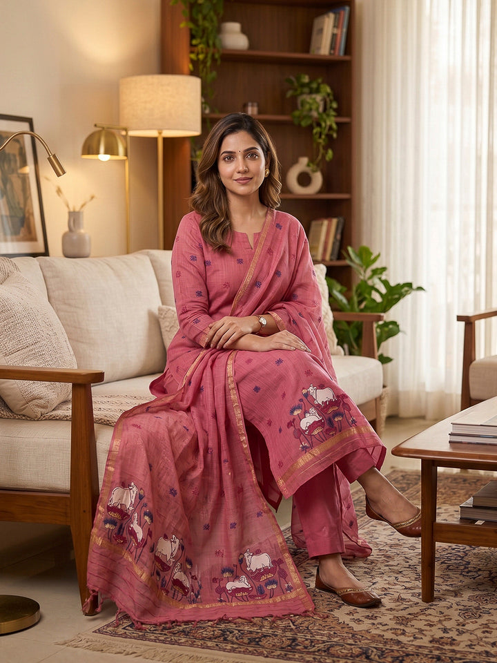 Pink Muga Cotton Woven Design Unstitched Dress Material