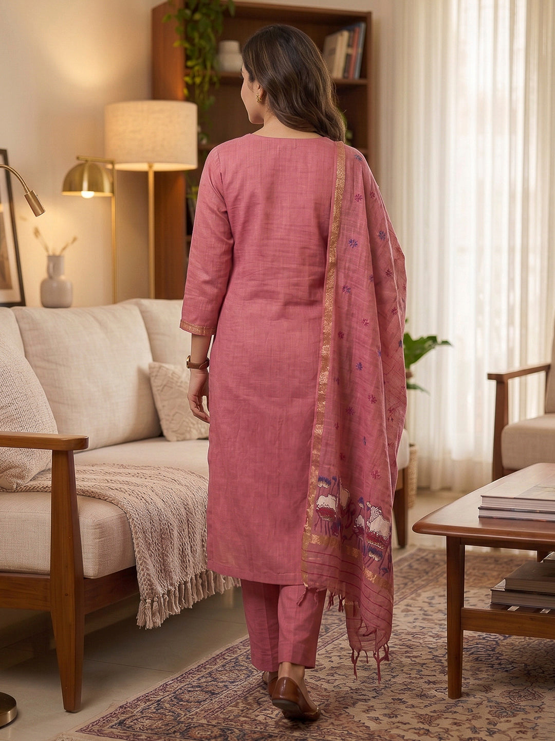 Pink Muga Cotton Woven Design Unstitched Dress Material