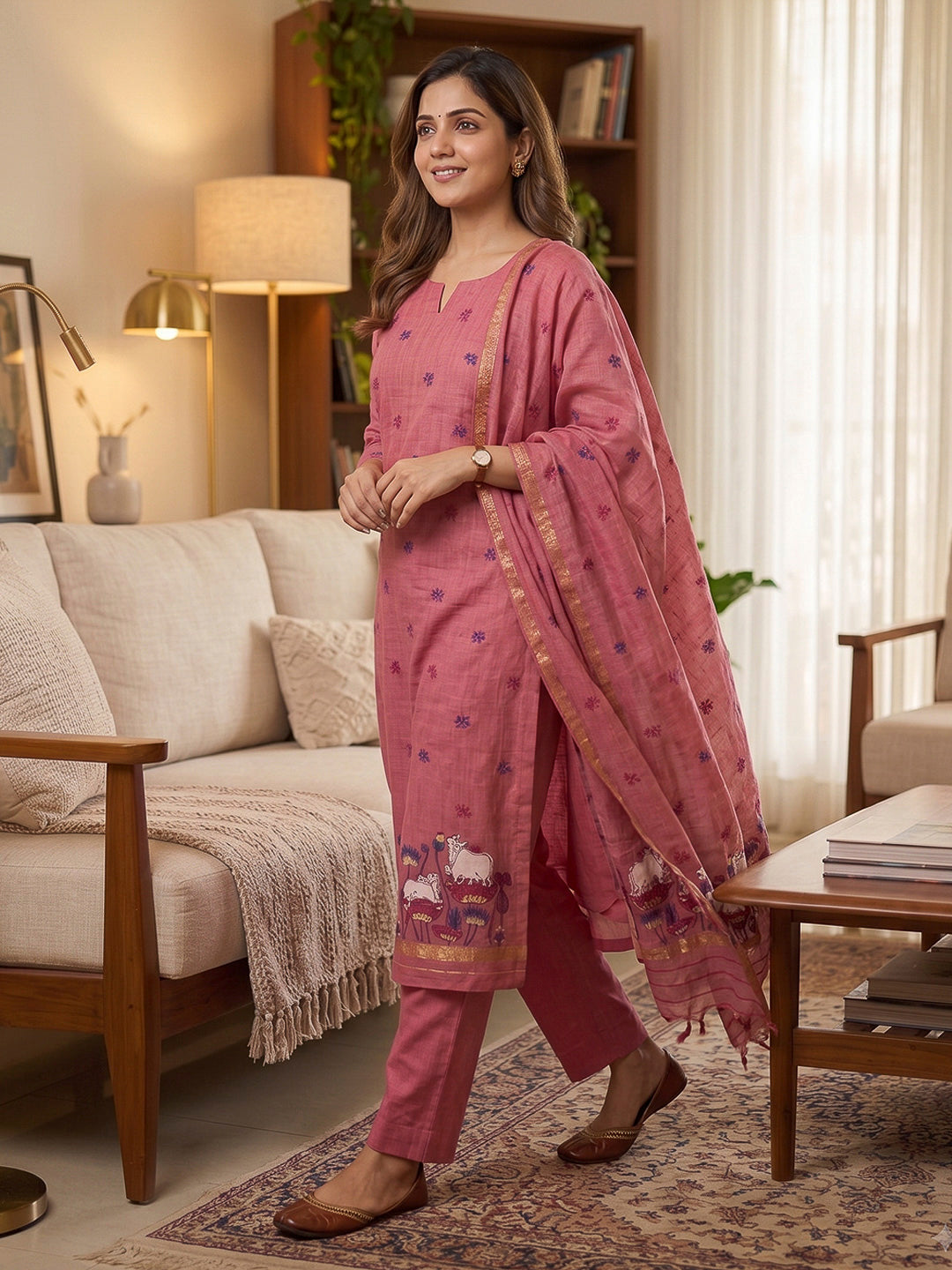 Pink Muga Cotton Woven Design Unstitched Dress Material