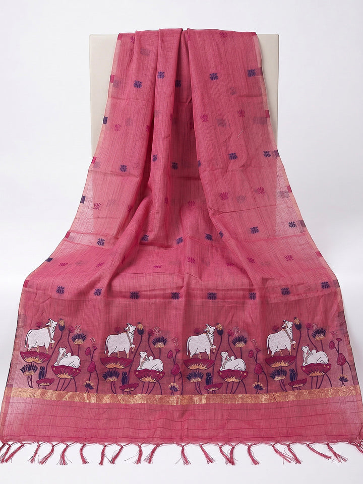 Pink Muga Cotton Woven Design Unstitched Dress Material