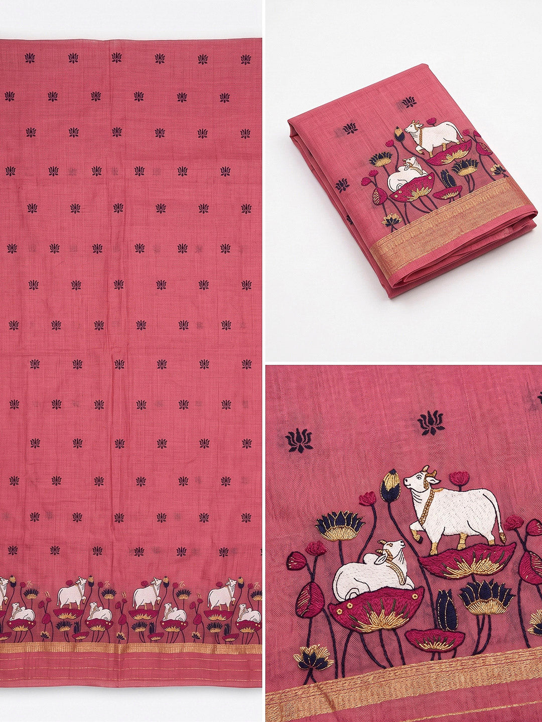 Pink Muga Cotton Woven Design Unstitched Dress Material