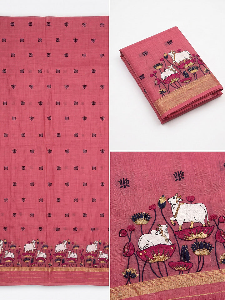 Pink Muga Cotton Woven Design Unstitched Dress Material