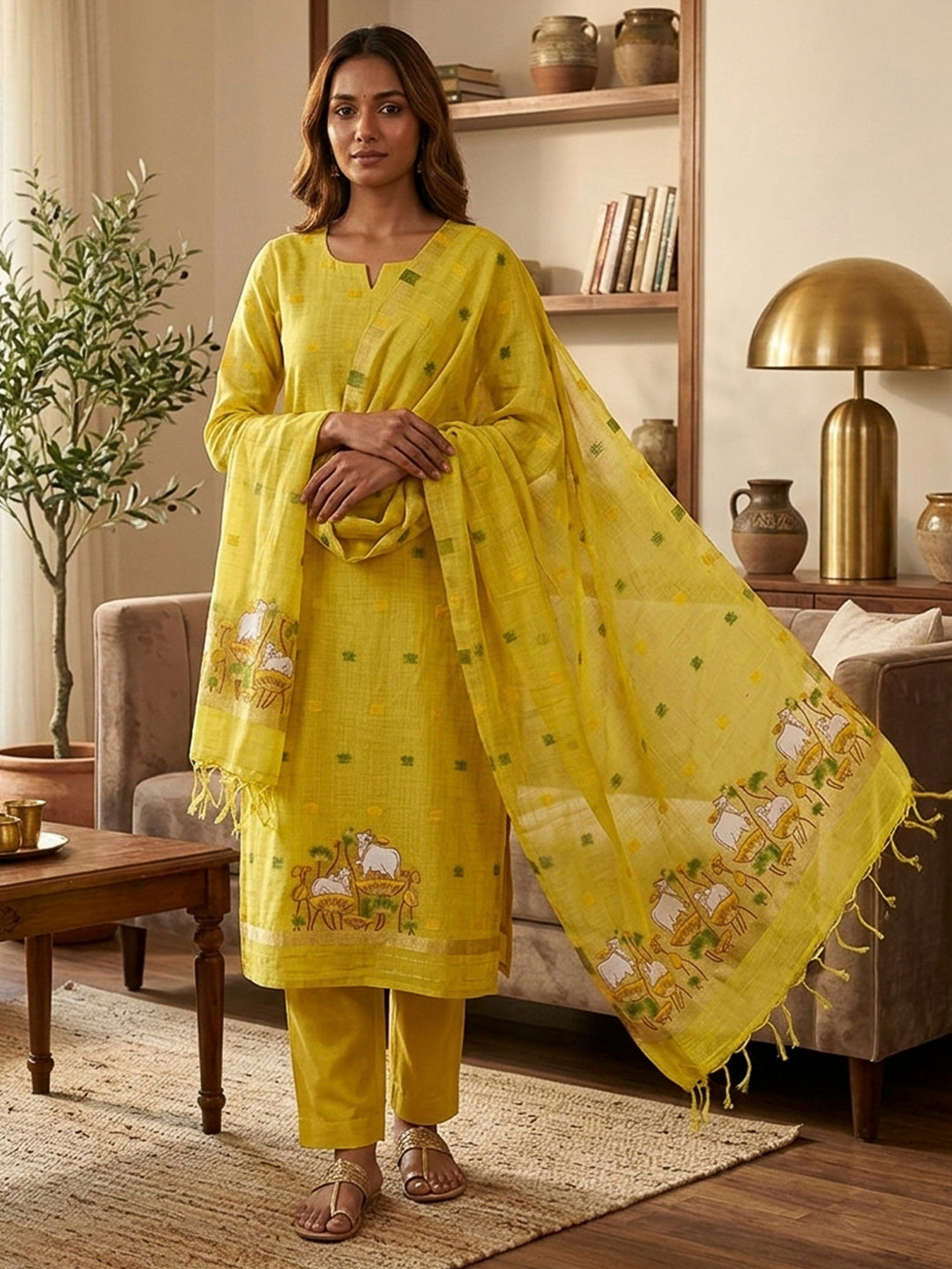 Yellow Muga Cotton Woven Design Unstitched Dress Material