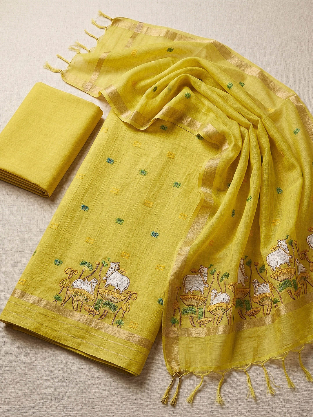 Yellow Muga Cotton Woven Design Unstitched Dress Material
