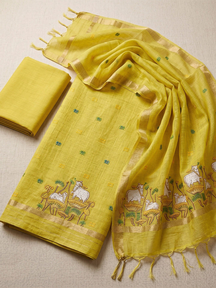 Yellow Muga Cotton Woven Design Unstitched Dress Material