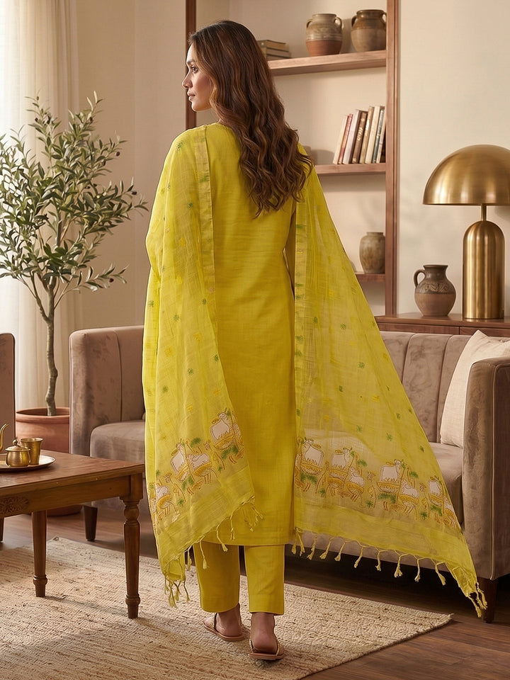 Yellow Muga Cotton Woven Design Unstitched Dress Material