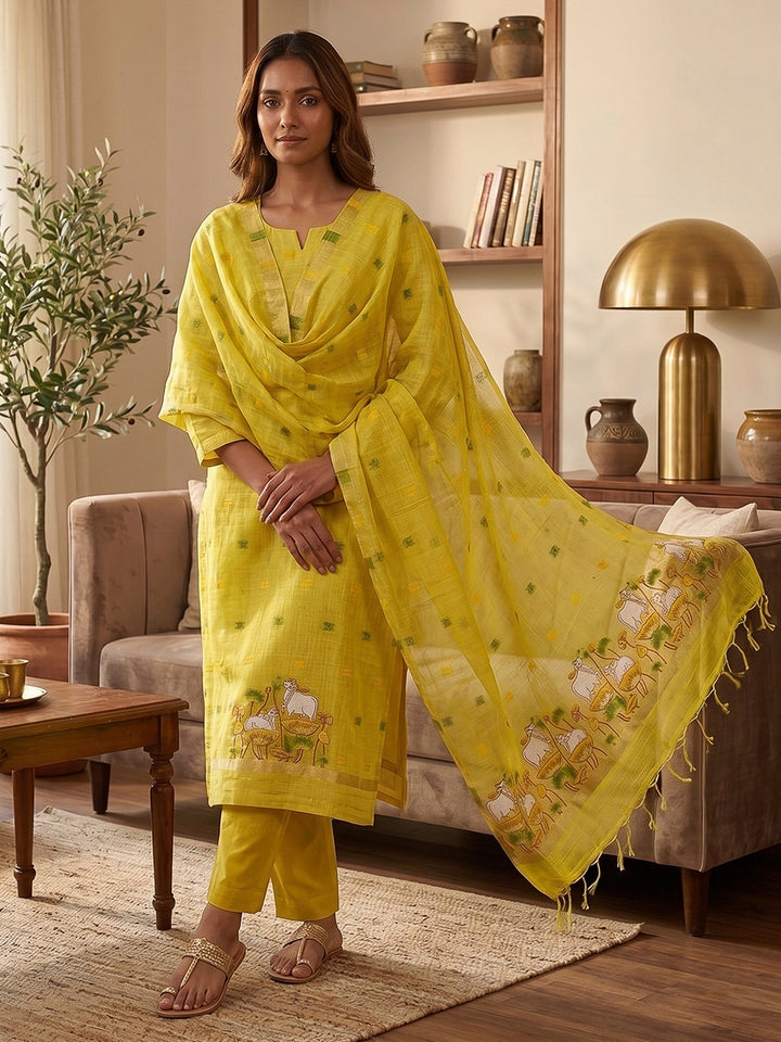 Yellow Muga Cotton Woven Design Unstitched Dress Material