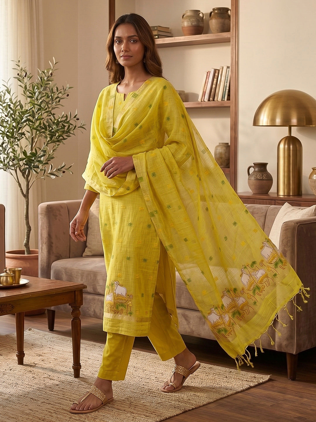Yellow Muga Cotton Woven Design Unstitched Dress Material
