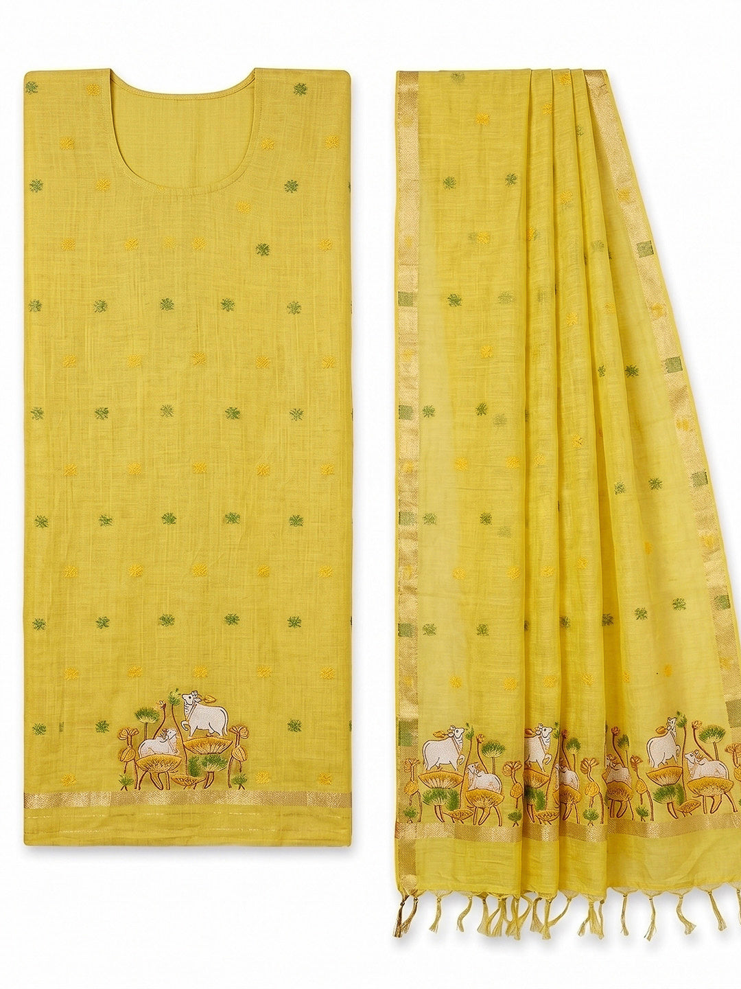 Yellow Muga Cotton Woven Design Unstitched Dress Material