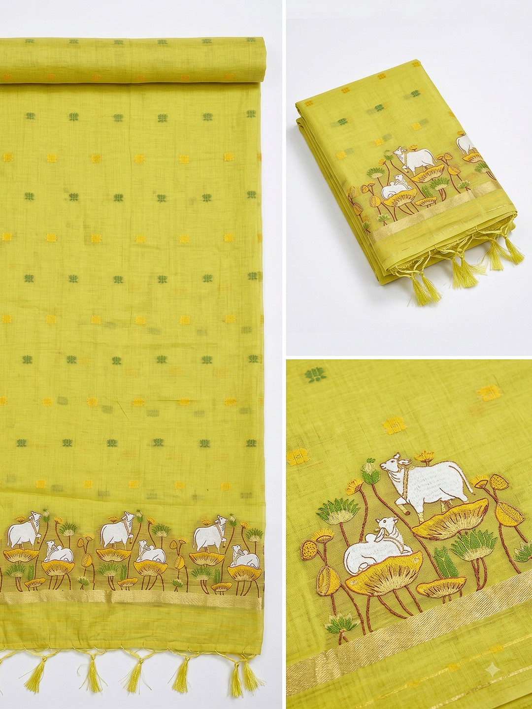 Yellow Muga Cotton Woven Design Unstitched Dress Material