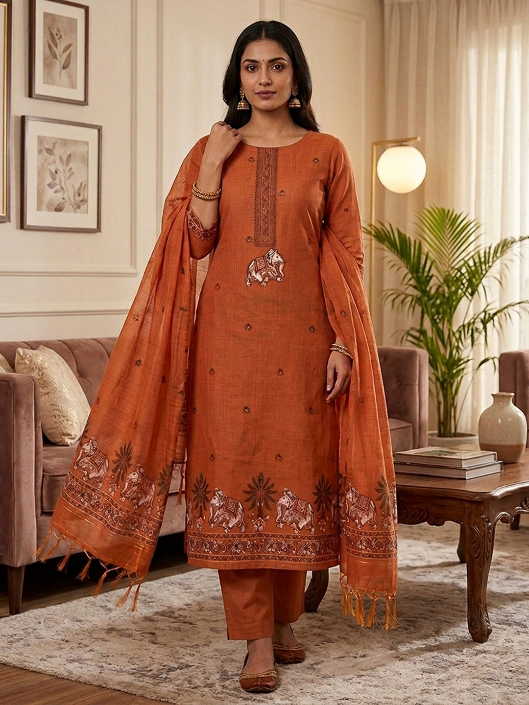 Orange Muga Cotton Woven Design Unstitched Dress Material