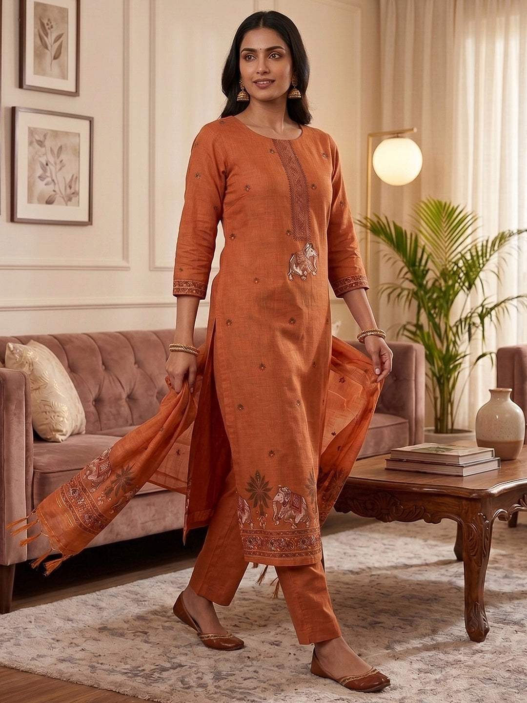 Orange Muga Cotton Woven Design Unstitched Dress Material