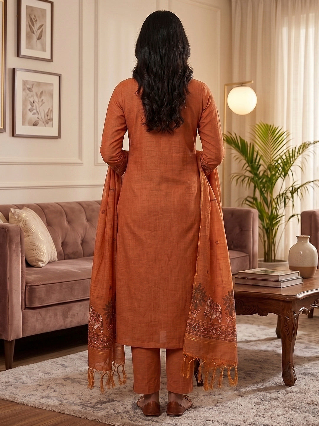 Orange Muga Cotton Woven Design Unstitched Dress Material