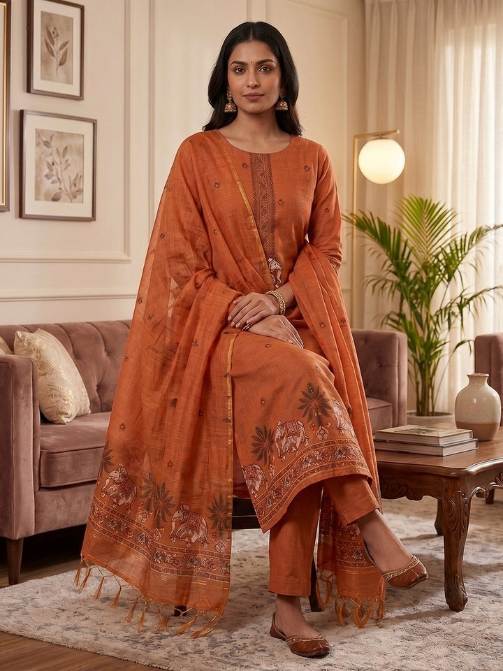 Orange Muga Cotton Woven Design Unstitched Dress Material
