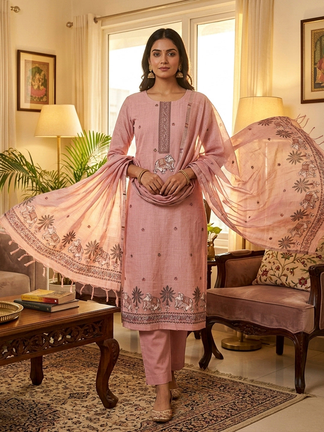Pink Muga Cotton Woven Design Unstitched Dress Material