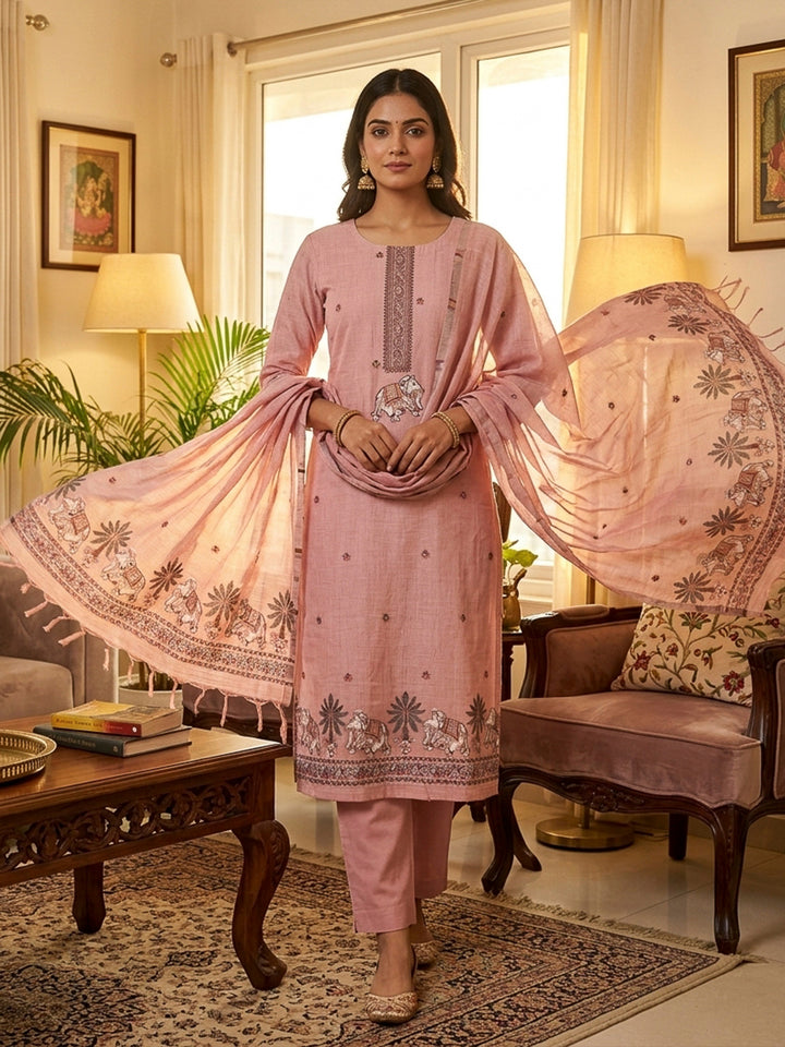 Pink Muga Cotton Woven Design Unstitched Dress Material