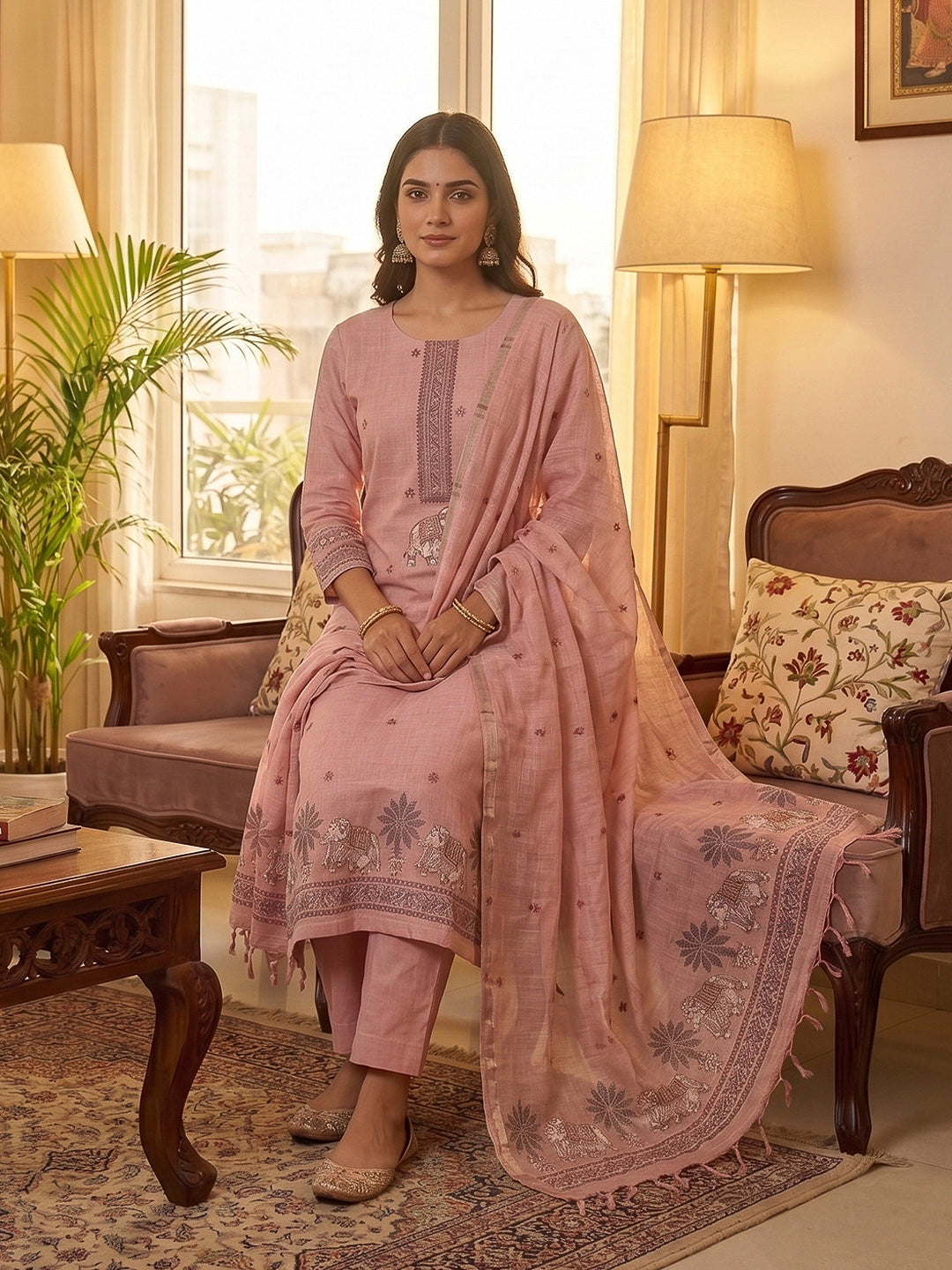 Pink Muga Cotton Woven Design Unstitched Dress Material