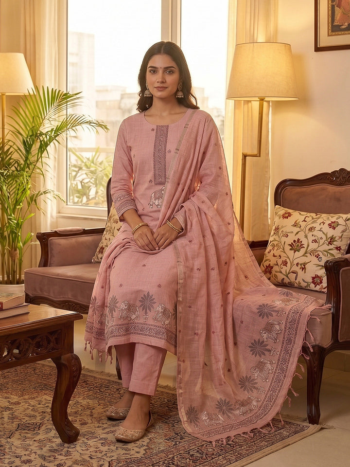 Pink Muga Cotton Woven Design Unstitched Dress Material