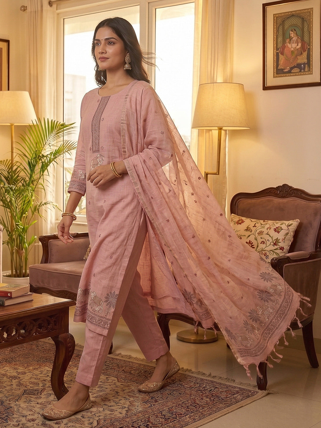 Pink Muga Cotton Woven Design Unstitched Dress Material