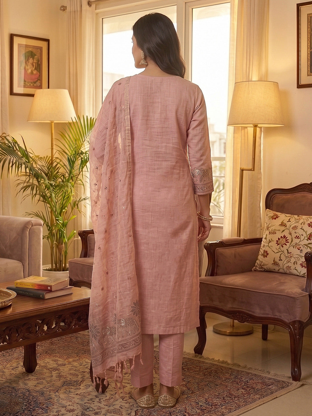 Pink Muga Cotton Woven Design Unstitched Dress Material