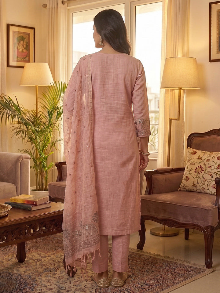 Pink Muga Cotton Woven Design Unstitched Dress Material