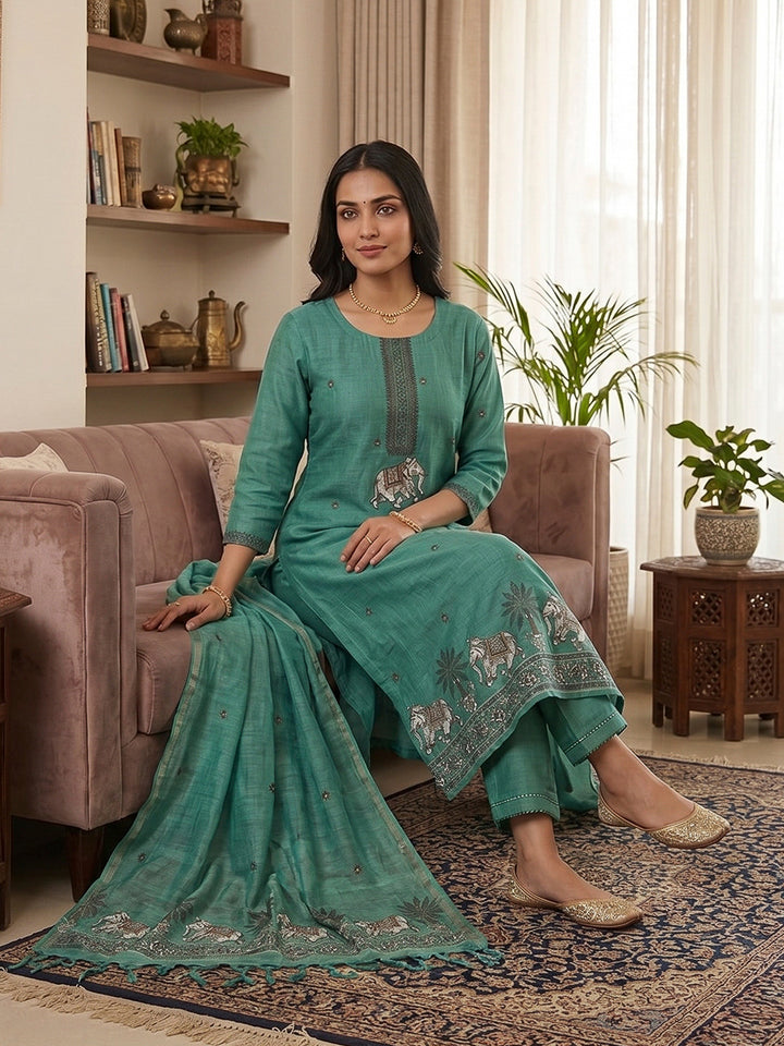 Rama-Green Muga Cotton Woven Design Unstitched Dress Material