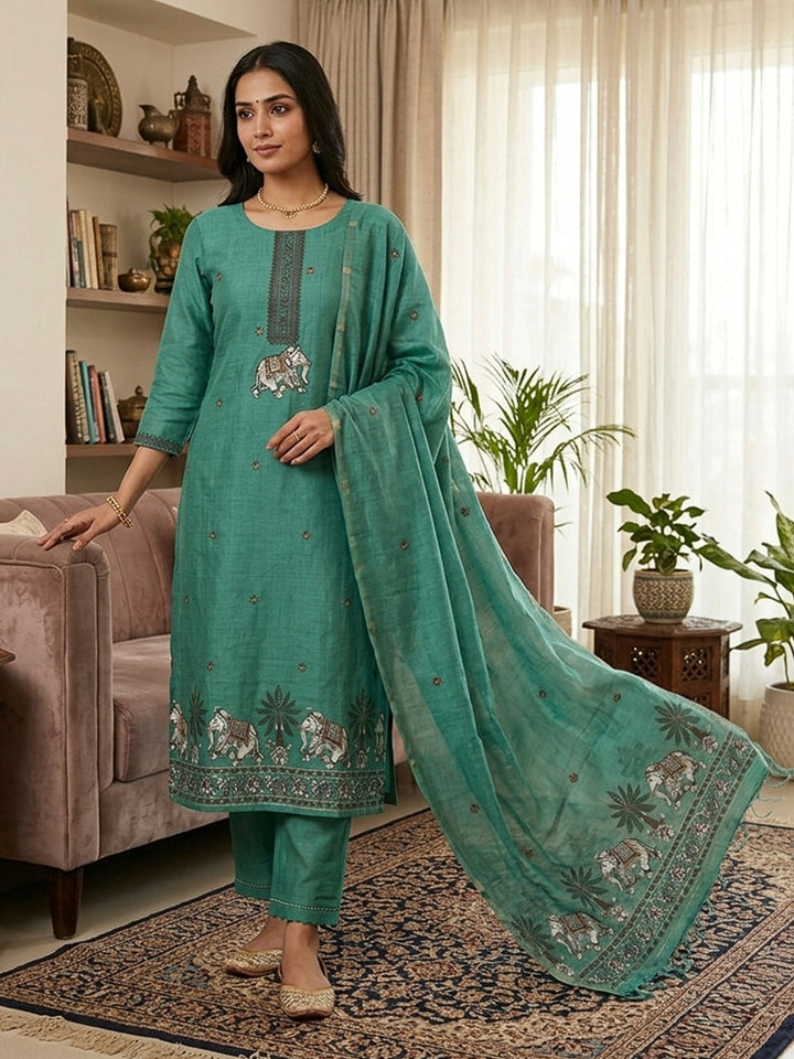 Rama-Green Muga Cotton Woven Design Unstitched Dress Material