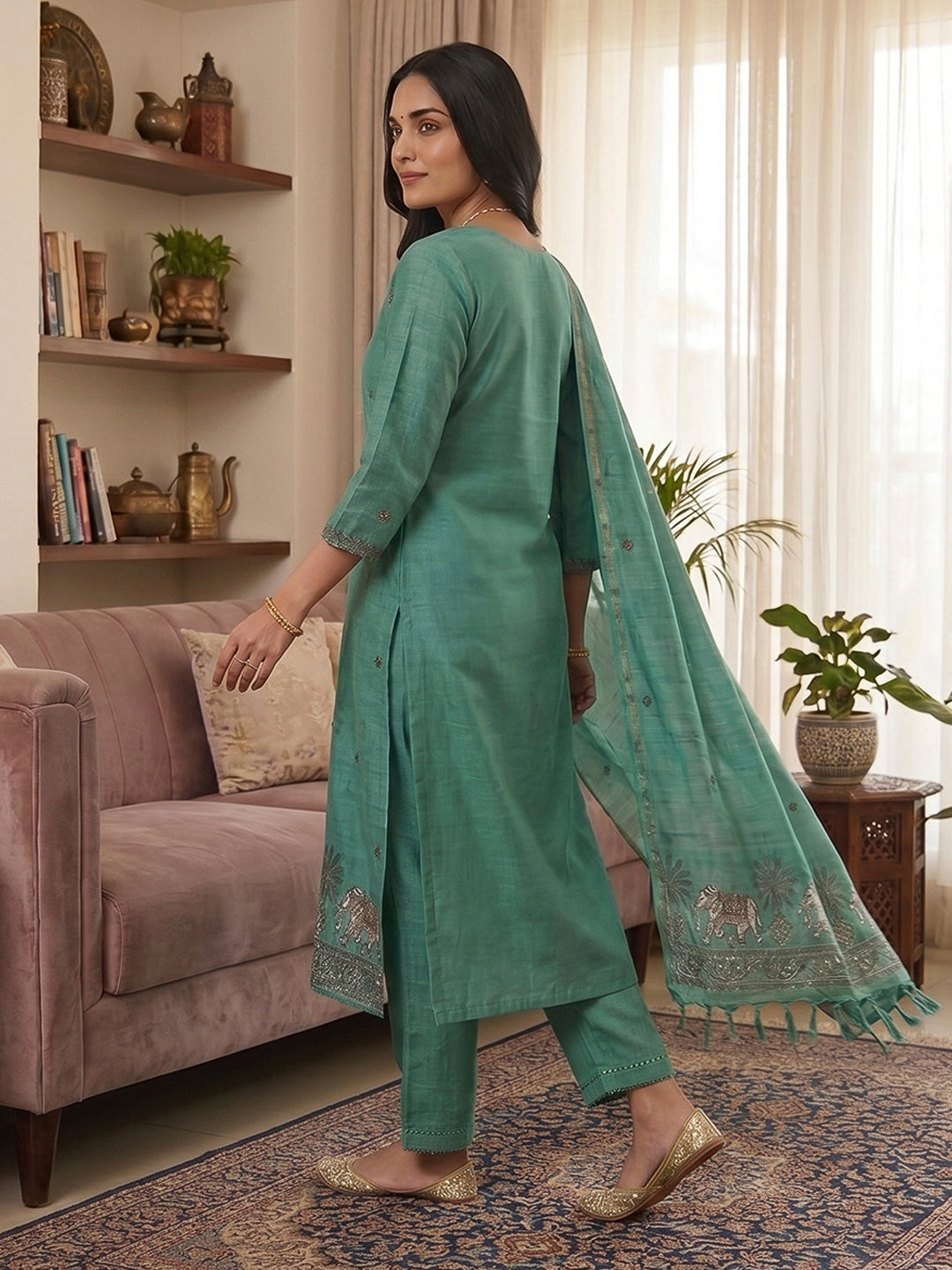 Rama-Green Muga Cotton Woven Design Unstitched Dress Material