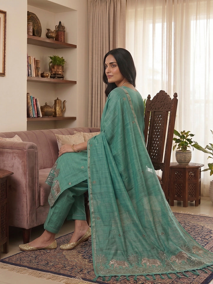 Rama-Green Muga Cotton Woven Design Unstitched Dress Material