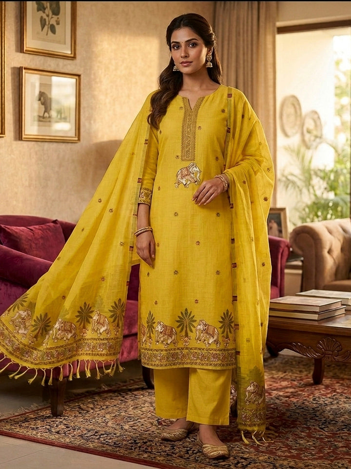 Yellow Muga Cotton Woven Design Unstitched Dress Material
