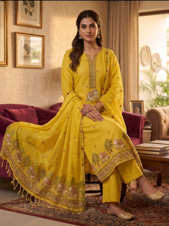Yellow Muga Cotton Woven Design Unstitched Dress Material