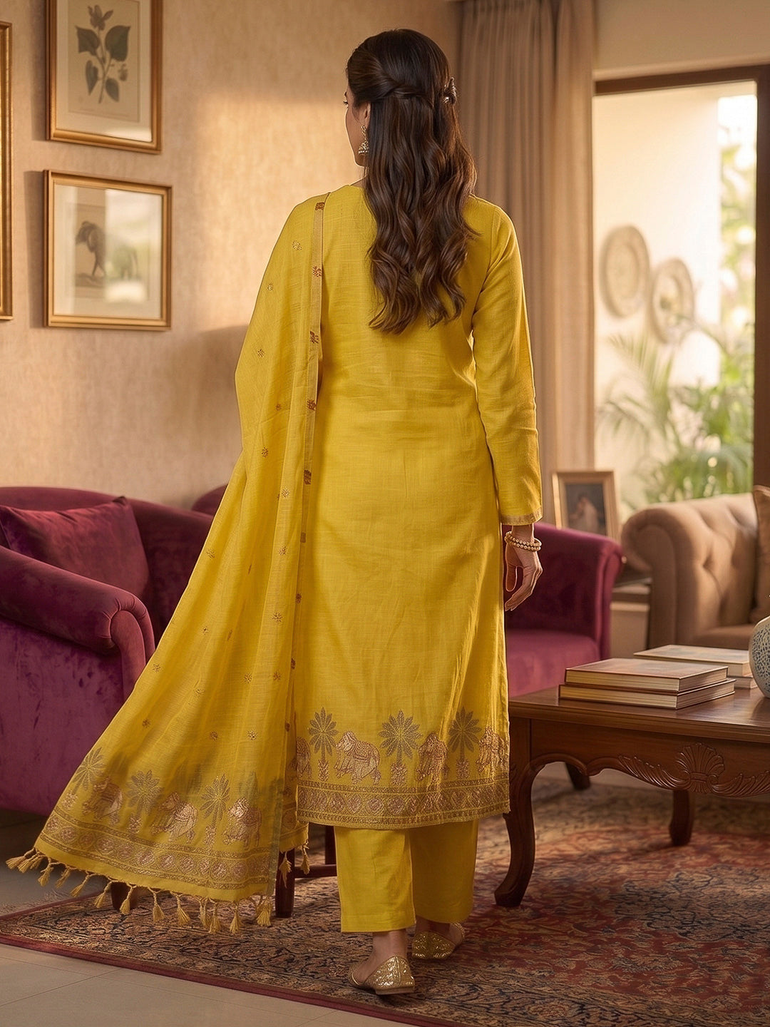 Yellow Muga Cotton Woven Design Unstitched Dress Material