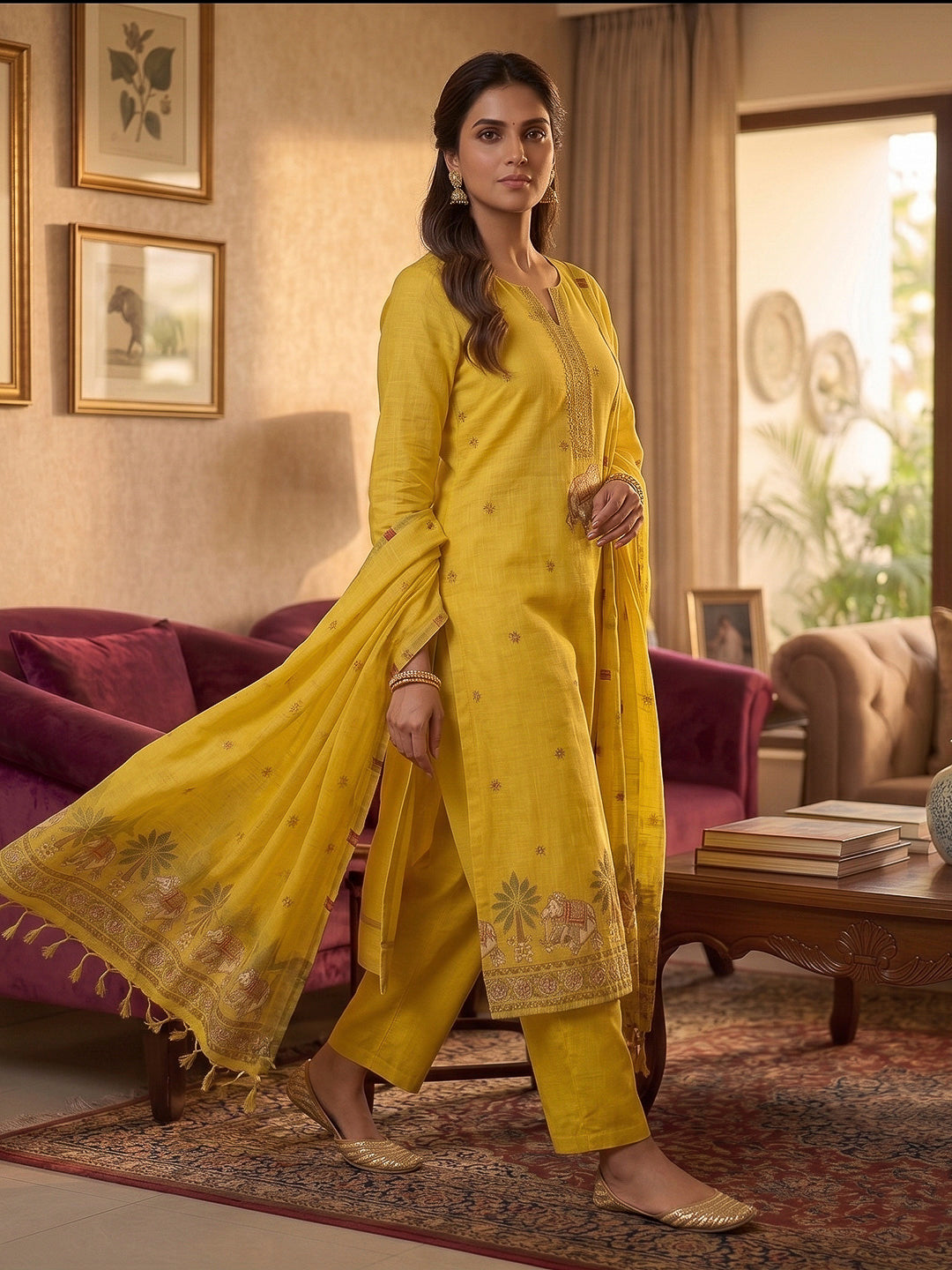 Yellow Muga Cotton Woven Design Unstitched Dress Material