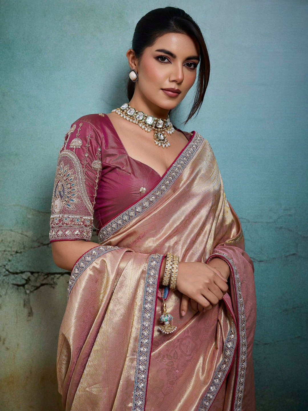 Peach Embroidered Tissue Banarasi Jacquard Saree
