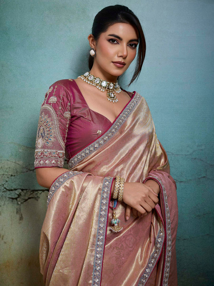 Peach Embroidered Tissue Banarasi Jacquard Saree
