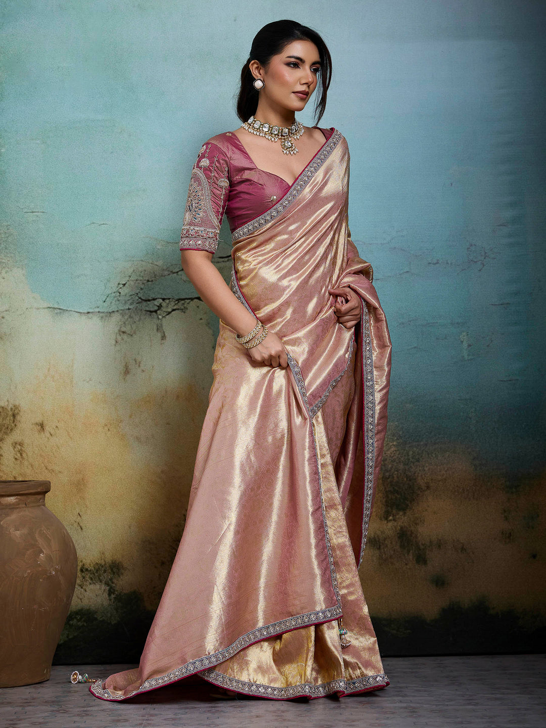 Peach Embroidered Tissue Banarasi Jacquard Saree