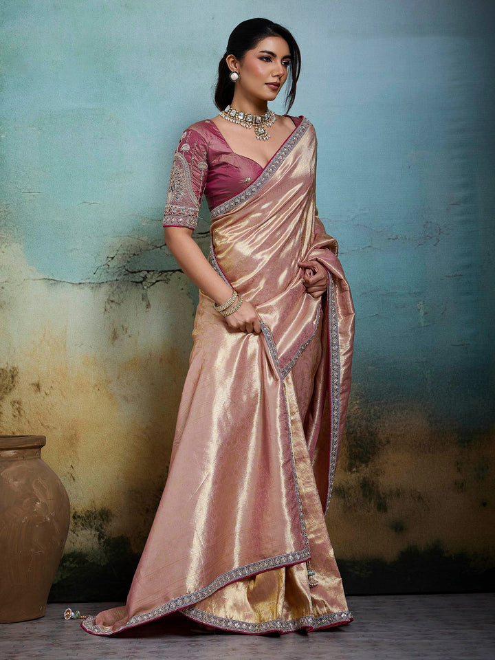 Peach Embroidered Tissue Banarasi Jacquard Saree