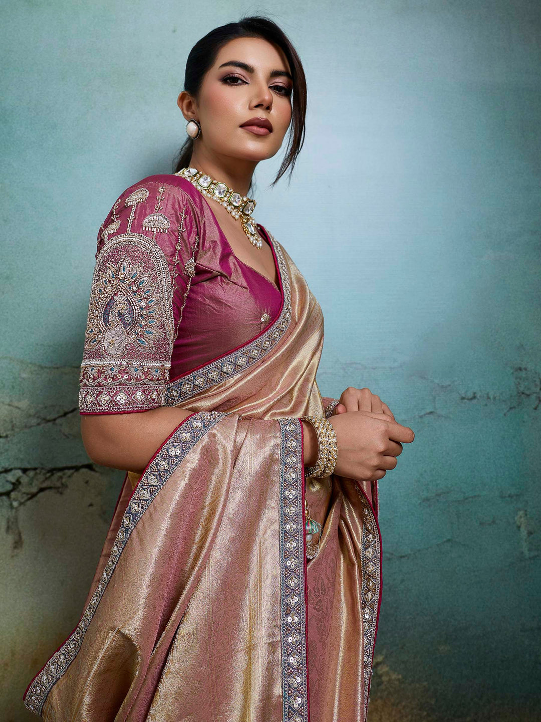 Peach Embroidered Tissue Banarasi Jacquard Saree