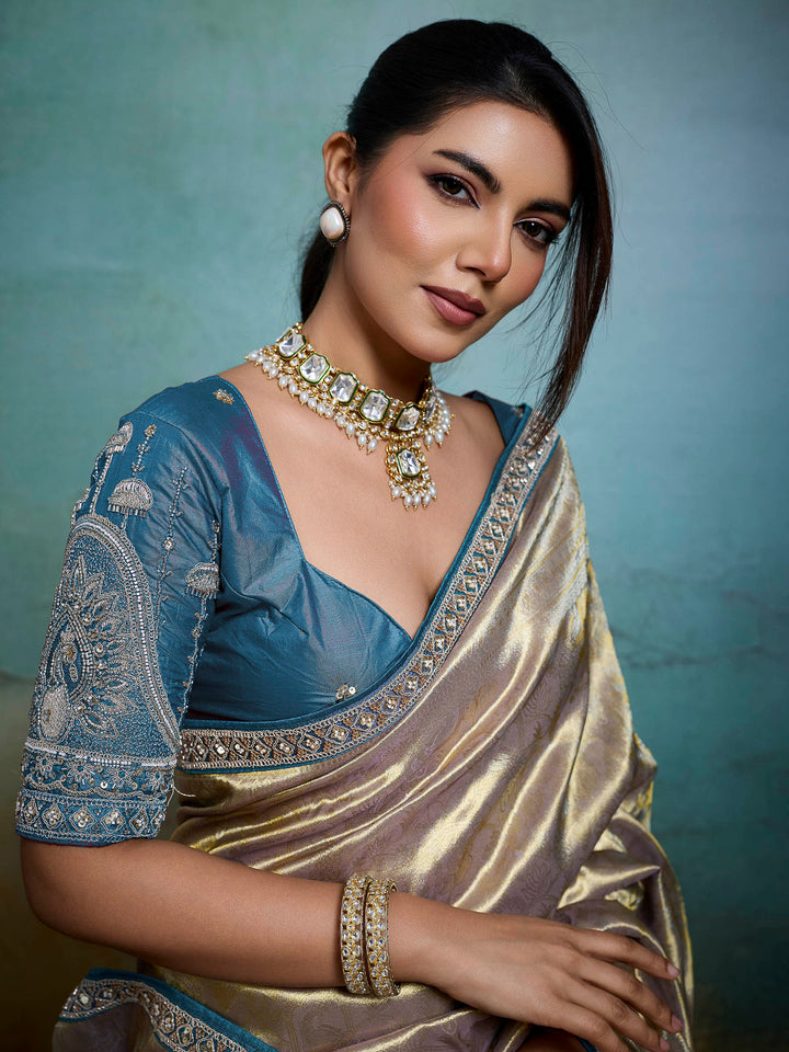 Lavender Embroidered Tissue Banarasi Jacquard Saree