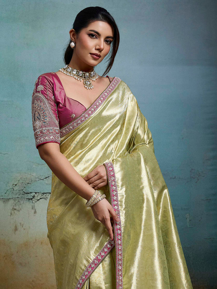 Pista Green Embroidered Tissue Banarasi Jacquard Saree