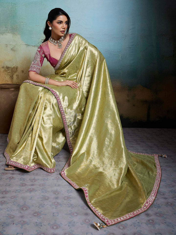 Pista Green Embroidered Tissue Banarasi Jacquard Saree