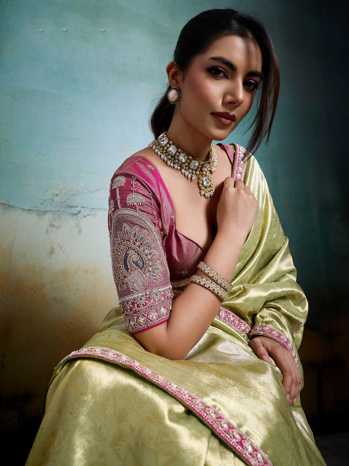 Pista Green Embroidered Tissue Banarasi Jacquard Saree