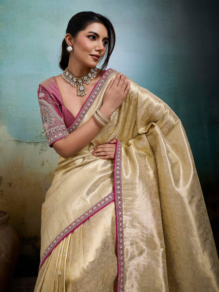 Beige Embroidered Tissue Banarasi Jacquard Saree