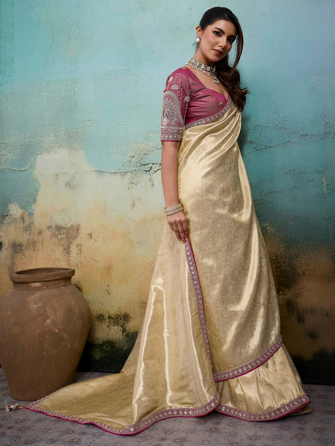 Beige Embroidered Tissue Banarasi Jacquard Saree