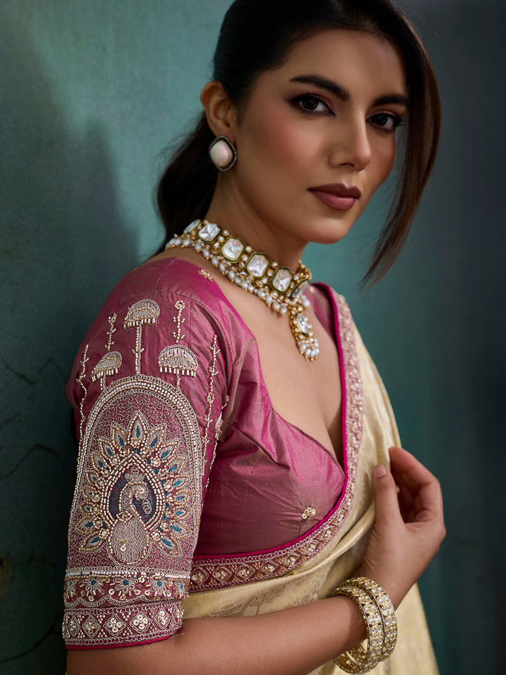 Beige Embroidered Tissue Banarasi Jacquard Saree