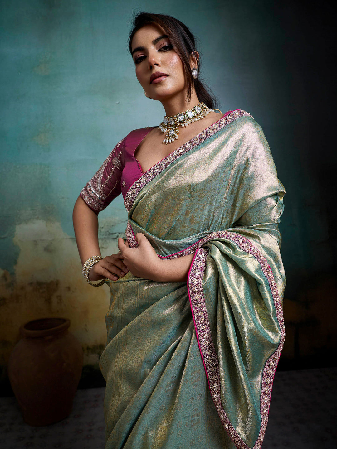 Grey Blue Embroidered Tissue Banarasi Jacquard Saree