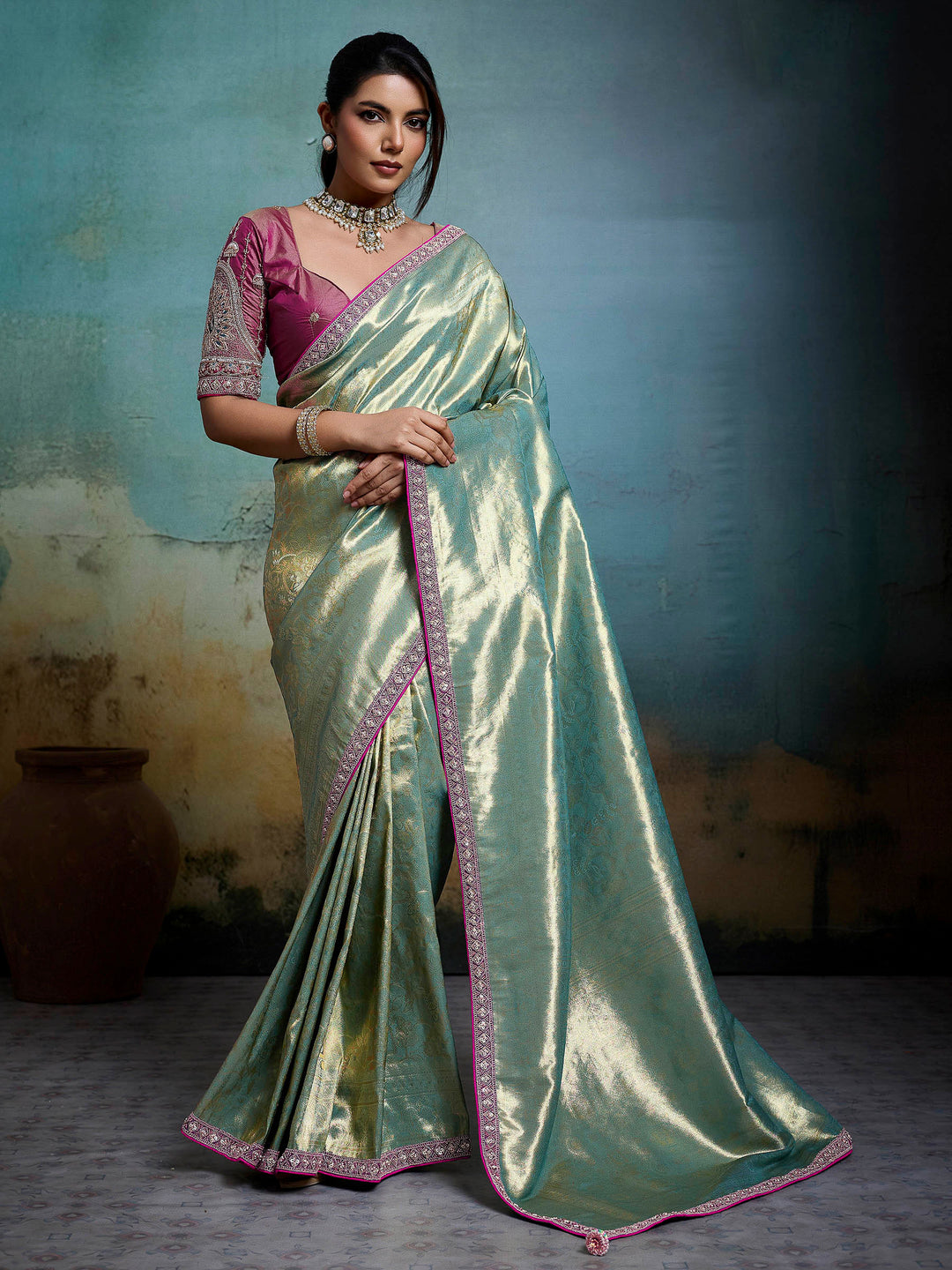 Grey Blue Embroidered Tissue Banarasi Jacquard Saree
