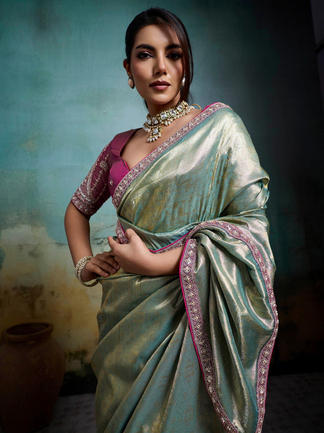 Grey Blue Embroidered Tissue Banarasi Jacquard Saree