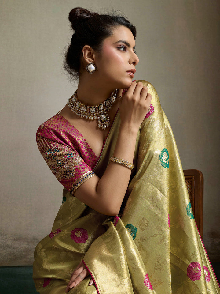 Mehndi Woven Design Tissue Banarasi Jacquard Saree